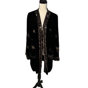 Johnny Was Aruna Velvet Smoking Jacket Embroidered Black Gold Sun Kimono Medium